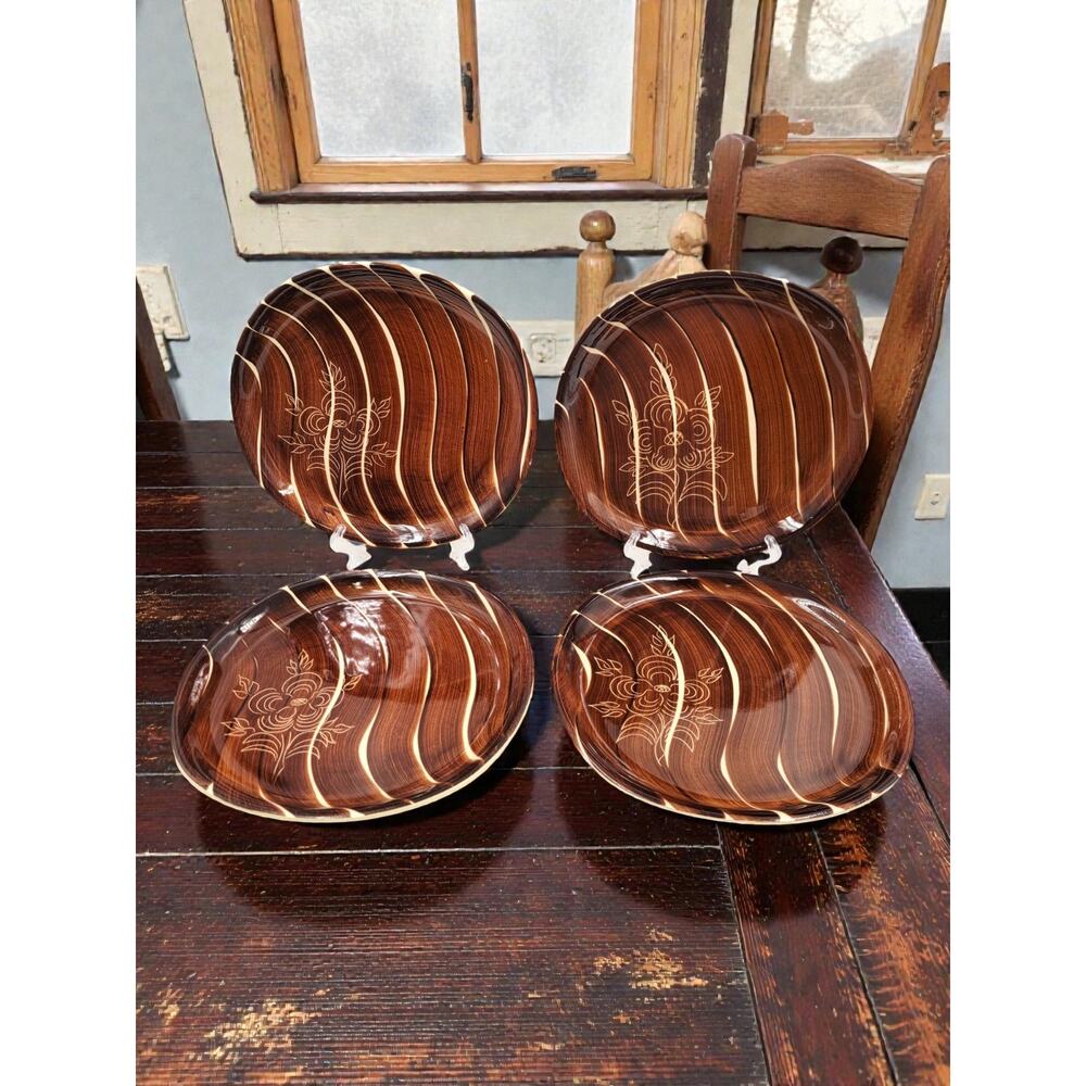 Purinton Intaglio Brown Slipware Dinner Plates 9 5/8” USA Hand Painted Set of 4